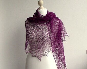lace linen hand knitted shawl, Deep Fuchsia summer lace shawl , linen lace shawl , READY TO SHIP
