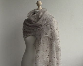 Light Sandy Beige hand knitted shawl, kid mohair, silk and wool lace stole with tweed effect, READY TO SHIP