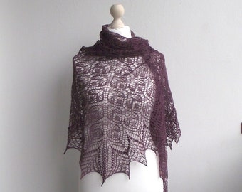 Port Wine color hand knitted lace shawl, alpaca and merino knit shawl with nupps, READY TO SHIP