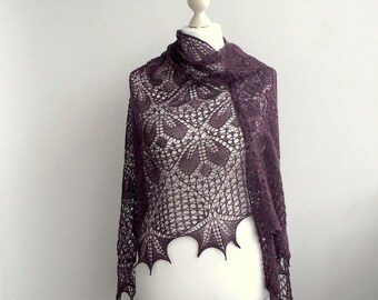 hand knitted beaded lace shawl, knit alpaca and merino lace shawl with beads, Port Wine color lace shawl,READY TO SHIP