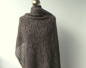 Fawn Brown merino and silk knit shawl, Hand knitted rectangular shawl with leaves pattern , READY TO SHIP