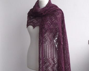 hand knitted alpaca lace shawl ,  Light Plum  knit stole