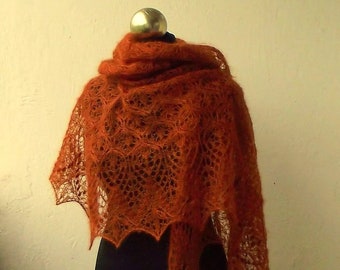 hand knitted kid mohair and silk lace shawl with nupps, Rust kidsilk shawl, READY TO SHIP