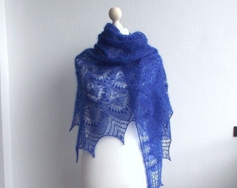 Cobalt Blue hand knitted shawl, kid mohair and silk  lace shawl with nupps ,Queen Silvia kidsilk shawl, READY TO SHIP