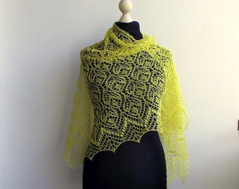 lace linen hand knitted shawl, Light Yellow  summer lace shawl with nupps, linen lace shawl , READY TO SHIP