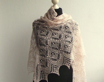 lace linen hand knitted shawl, Light Pink summer lace shawl with nupps and beads, Queen Silvia lace shawl , READY TO SHIP