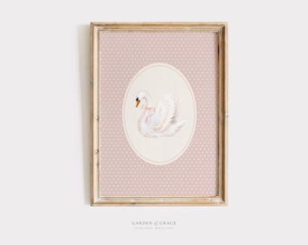 Decorazione murale per cameretta dei bambini con cigno in stile cottagecore e fiocco / Decorazione vintage rosa per cameretta delle bambine / Stampa a tema balletto / Illustrazione vintage di cigno per bambini