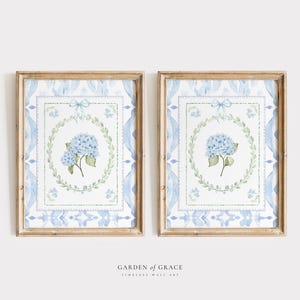 Blue Hydrangea Nursery Wall Art Set of 2, Blue and Green Chinoiserie Kid&#39;s Decor, Floral Watercolor Grandmillennial Prints, East Coast Print