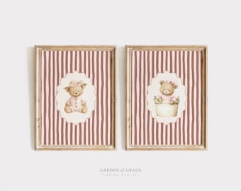 Teddy Bear Nursery Print Set, Vintage Mauve Pink, Girl Room Decor (Digital Download)