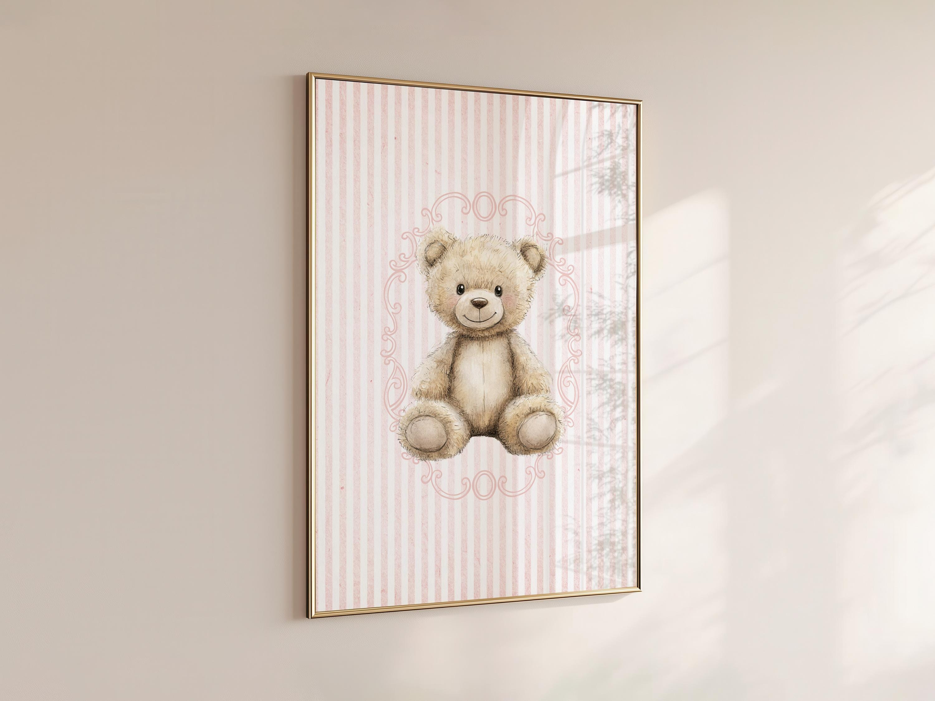 Teddy Bear Nursery Wall Art | Farmhouse Girl's Room Decor, Gingham