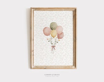 Balloons Flowers Wall Art Print for Nursery, Farmhouse Girl Room Decor, Sage Green Pink Birthday Prints, Floral Cottagecore Baby Shower Gift