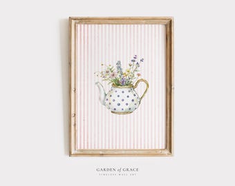 Cute Flowers Nursery Wall Art | Farmhouse Girl's Room Decor | Gingham Floral Print | Soft Pink Poster | Vintage Cottagecore Illustration