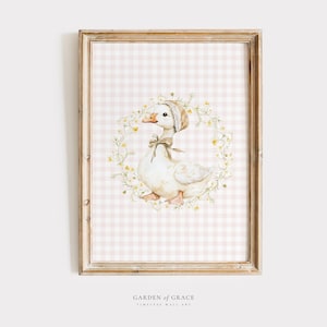Silly Little Goose Nursery Wall Art, Duck Gingham Kid&#39;s Room Decor, Farm Animal Print, Floral Pink Poster, Vintage Farm Goose Illustration