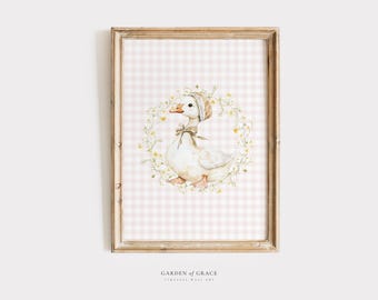 Silly Little Goose Nursery Wall Art, Duck Gingham Kid's Room Decor, Farm Animal Print, Floral Pink Poster, Vintage Farm Goose Illustration