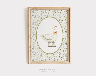 Silly Little Goose Nursery Wall Art | Duck Gingham Kid's Room Decor | Farm Animal Print | Pale Green Poster | Vintage Goose Illustration