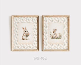 Floral Bunny Nursery Prints Set of 2 for Girl, Vintage Rabbit Wall Art (Digital Download)