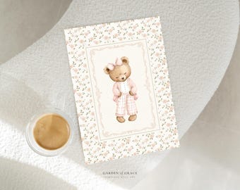 Teddy Bear in Blush Pink Pyajamas Art Print for Nursery or Playroom, Vintage Girl Room Wall Decor, Shabby Chic Floral Prints
