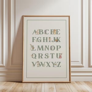 Arte murale vintage con coniglietto dell'alfabeto / Decorazione per la cameretta dei bambini verde salvia / Stampa educativa ABC / Poster con lettere per la scuola materna / Stampa artistica per la cameretta dei bambini