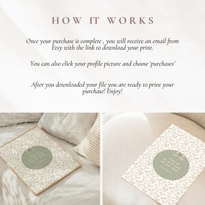 Op de afbeelding: De afbeelding toont twee prints met bloempatronen en tekst. De prints hebben een lichtgroene cirkel met tekst in het midden. De tekst bovenaan de afbeelding luidt "HOW IT WORKS". De tekst hieronder legt uit hoe je de print na aankoop kunt downloaden.