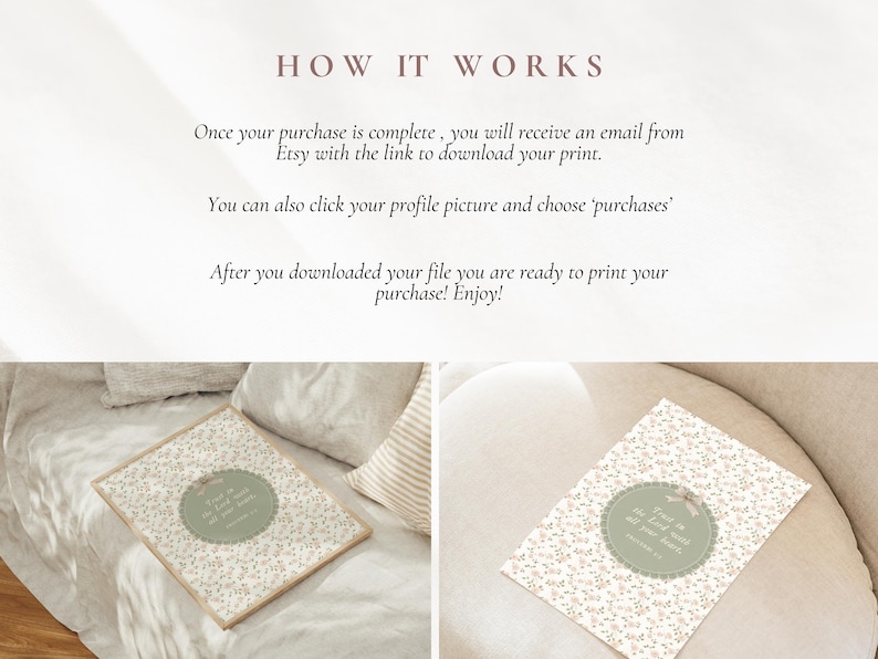 Op de afbeelding: De afbeelding toont twee prints met bloempatronen en tekst. De prints hebben een lichtgroene cirkel met tekst in het midden. De tekst bovenaan de afbeelding luidt "HOW IT WORKS". De tekst hieronder legt uit hoe je de print na aankoop kunt downloaden.