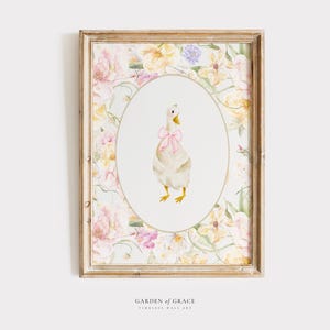 Pink Goose Nursery Wall Art | Duck Gingham Kid&#39;s Room Decor | Farm Animal Print | Floral Spring Poster | Vintage Silly Goose and Flowers