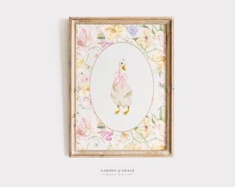 Pink Goose Nursery Wall Art | Duck Gingham Kid's Room Decor | Farm Animal Print | Floral Spring Poster | Vintage Silly Goose and Flowers