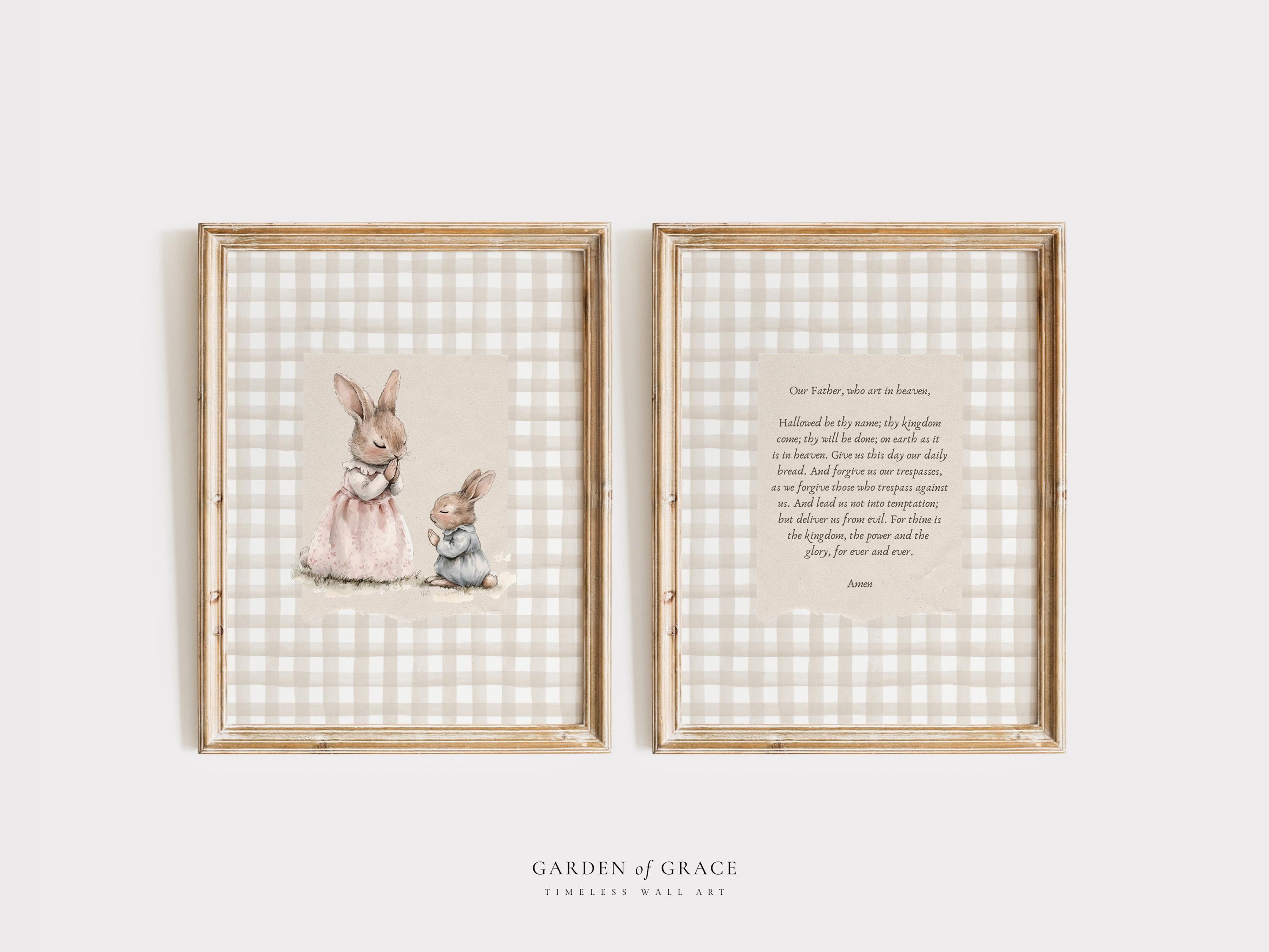 Praying Mom and Baby Bunny and The Lord's Prayer Nursery Wall Art, Printable Christian Kid's Room Decor | Vintage Gingham Beige Baby Print