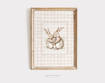 Cute Dad, Mom and Baby Nursery Wall Art, Printable Vintage Kid's Room Decor, Soft Beige Gingham Print, Farmhouse Rabbit Family Poster