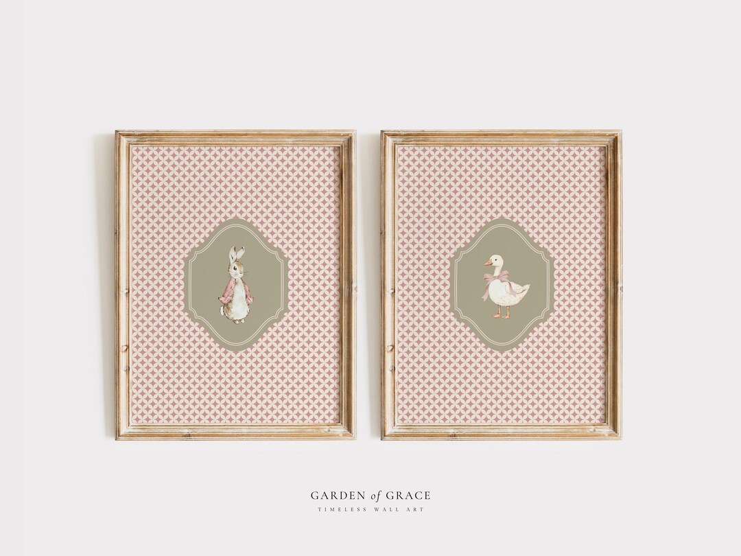 Pink Bunny and Silly Goose Nursery Wall Art Set, Farmhouse Girl Room ...