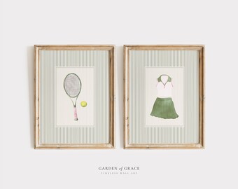 Tennis Racket and Outfit Nursery Playroom Sport Wall Art, Country Club Girl Room Decor, Sage Green Pink Preppy Print, Vintage Sport Prints