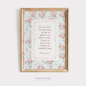 Psalm 139:13-14 Wonderfully and Fearfully Made Nursery Wall Art, Christian Floral Blue and Pink Kids Art, Bible Verse Print, Scripture Decor