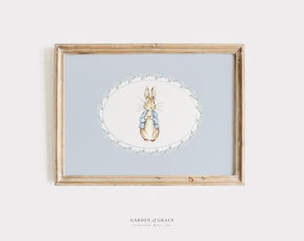 Cute Rabbit Nursery Wall Art in Blue | Farmhouse Kid's Room Decor | Gender Neutral Antique Print | Baby Blue Boy Poster | Vintage Bunny
