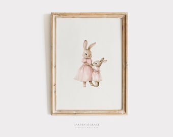 Impresión artística de pared para habitación infantil de mamá y niña conejita / Decoración rosa para habitación infantil, póster rosa suave antiguo para niño pequeño / Ilustración vintage imprimible de conejito