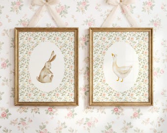 Juego de 2 láminas decorativas para la habitación infantil: Ganso y Conejito / Decoración de estilo rústico para habitación infantil / Estampado de animales de granja / Rosa floral, ilustración vintage de conejo