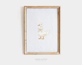 Silly Little Goose Nursery Wall Art | Duck Gingham Kid's Room Decor | Farm Animal Print | Baby Blue Poster | Vintage Goose Illustration