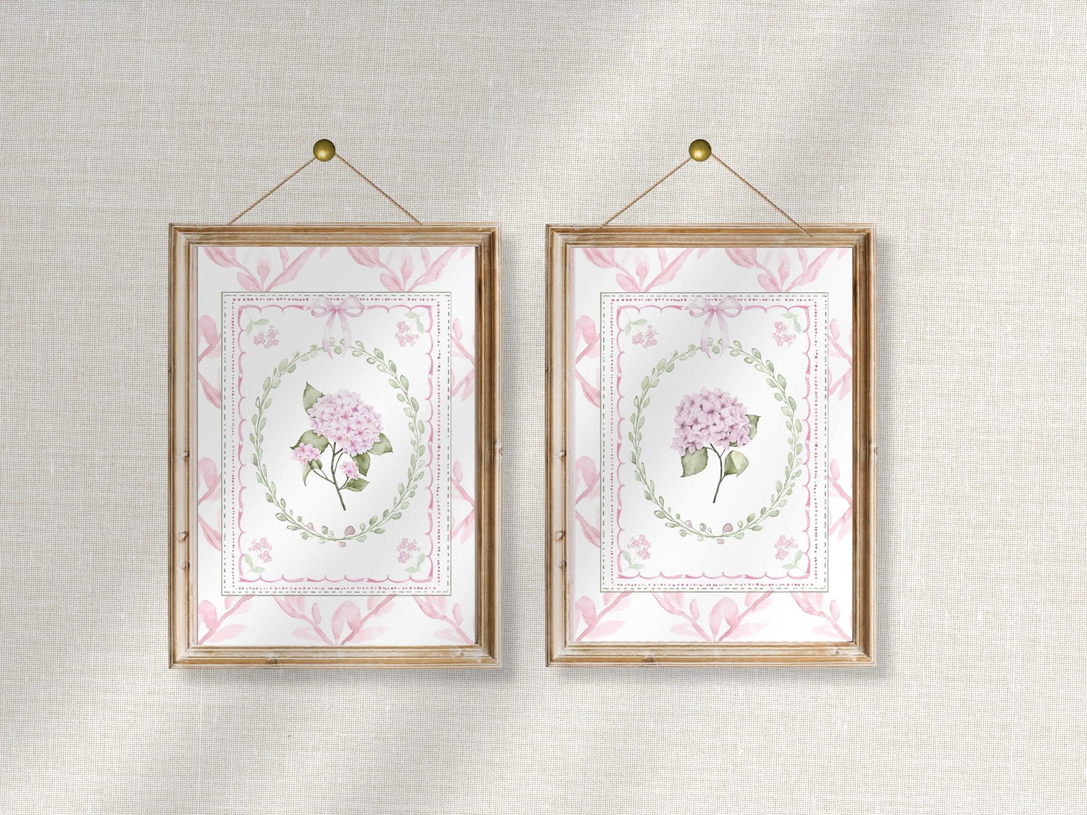 Pink Hydrangea Nursery Wall Art Set of 2, Pink and Green Chinoiserie ...