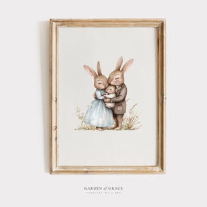 Impresión de arte de pared para habitación infantil de mamá, papá y bebé conejo / Decoración neutra para habitación infantil / Póster familiar antiguo / Ilustración vintage de conejo imprimible