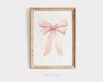 Rosa Schleife auf Blumen Wand Art Print für Kinderzimmer, Bauernhaus Mädchens Zimmer Dekor, Vintage Mädchen Kinderzimmer Drucke, Cottagecore Baby Geschenk