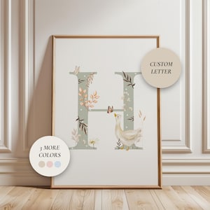 Impresión de letras personalizadas, impresión inicial floral para guardería, monograma personalizado, arte de pared vintage para guardería, arte para sala de juegos de niño y niña/regalo para baby shower