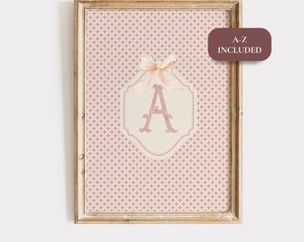 Pink Initial Wall Art for Nursery, Vintage Pink Girl's Print, Cottagecore Playroom Letter Poster, Vintage Alphabet, Custom Baby Shower Gift