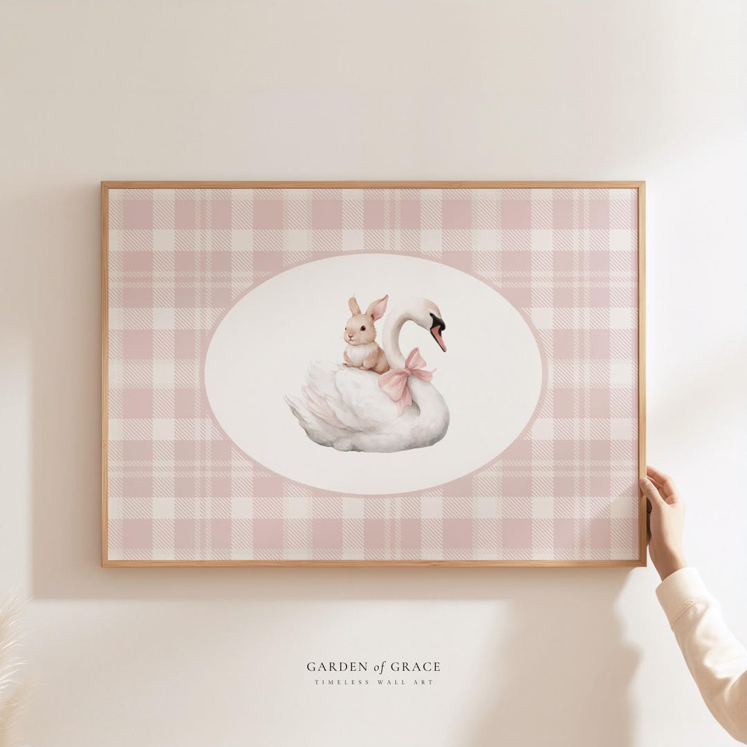 Swan and Bunny Nursery Wall Art Print, Pink Girl Room Decor, Blush Pink ...