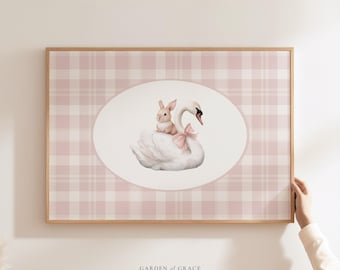 Swan and Bunny Nursery Wall Art Print, Pink Girl Room Decor, Blush Pink Plaid Toddler Poster, Cottagecore Vintage Rabbit Illustration Prints