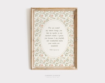 Psalm 139 Wonderfully and Fearfully Made Girl Nursery Wall Art Print, Green and Pink Floral Decor, Christian Cottagecore Bible Verse Prints