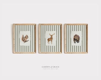 Woodland Nursery Prints Set of 3 | Farmhouse Kid's Room Art | Gingham Cottagecore | Green Wall Decor