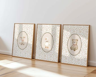 Lamb, Bear and Goose Nursery Wall Art Set of 3 | Girl Room Decor | Cute Floral Animal Print | Sage Green Peachy Pink Vintage Playroom Prints