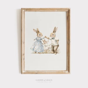 Mom, Dad and Baby Rabbit Nursery Wall Art Print | Neutral Kid's Room Decor  | Antique Family Poster | Printable Vintage Bunny Illustration