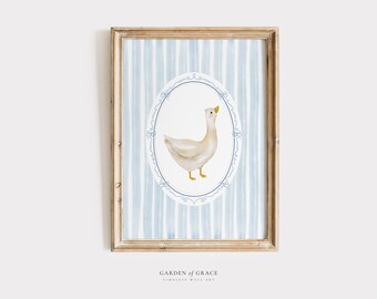 Silly Goose Nursery Wall Art | Farmhouse Boy's Room Decor | Duck Gingham Animal Print | Soft Blue Poster | Vintage Cute Goose Illustration