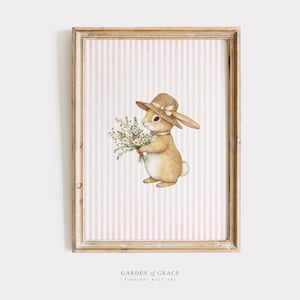 Lindo arte de pared para guardería de conejito / Decoración de habitación de niña de estilo rústico / Estampado de animales de cuadros vichy de pato / Póster rosa suave / Ilustración vintage de lindo conejo