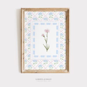 Pink and Blue Toile Flower Nursery Wall Art, Gender Neutral Chinoiserie Room Decor, Watercolor Grandmillennial Print, Floral Illustration