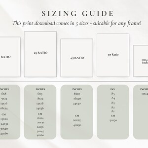 May include: A sizing guide with the text "SIZING GUIDE" and "This print download comes in 5 sizes - suitable for any frame!" The guide lists print sizes in inches, including 6x8, 9x12, 12x16, 18x24, and 11x14.